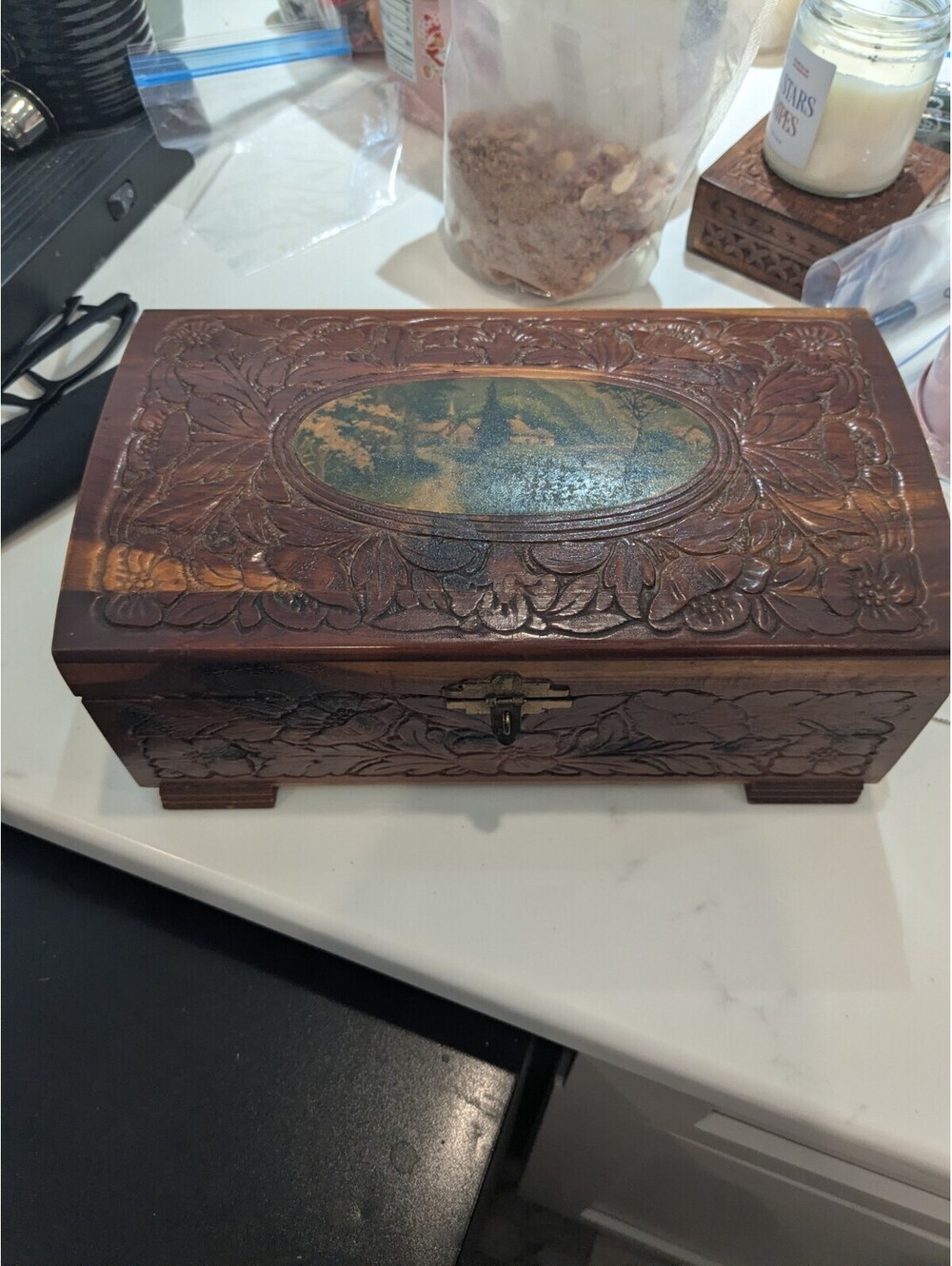 Vintage Handcrafted Wooden Jewelry Box w/ Mirror & Carved Floral Design – 10.75"